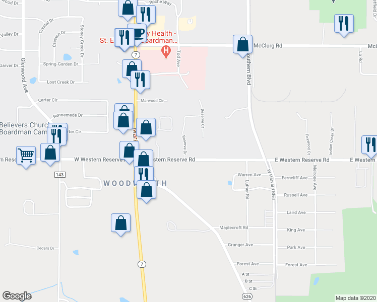 map of restaurants, bars, coffee shops, grocery stores, and more near 8585 Reserve Drive in Youngstown