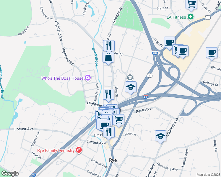 map of restaurants, bars, coffee shops, grocery stores, and more near 70 Wappanocca Avenue in Rye