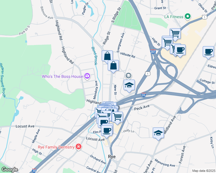 map of restaurants, bars, coffee shops, grocery stores, and more near 70 Wappanocca Avenue in Rye