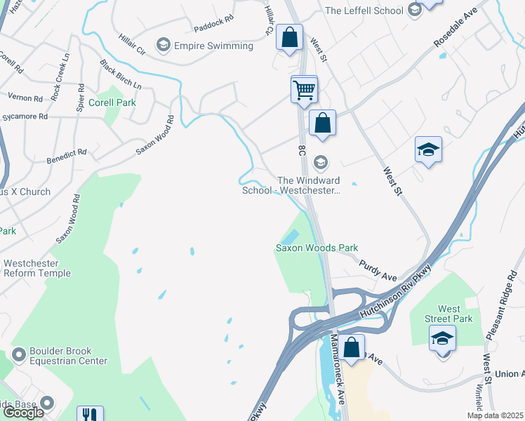 map of restaurants, bars, coffee shops, grocery stores, and more near 35 Saxon Woods Road in White Plains