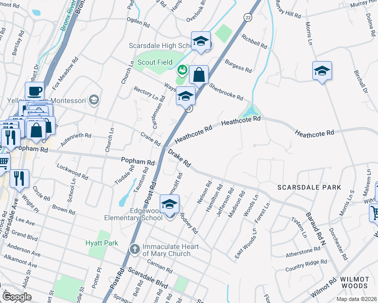 map of restaurants, bars, coffee shops, grocery stores, and more near 4 Heathcote Road in Scarsdale