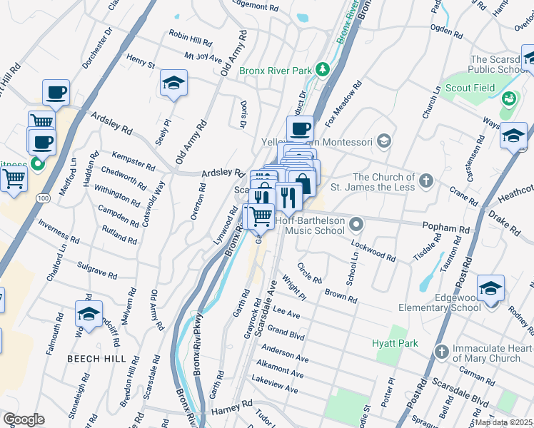 map of restaurants, bars, coffee shops, grocery stores, and more near 15 Popham Road in Scarsdale
