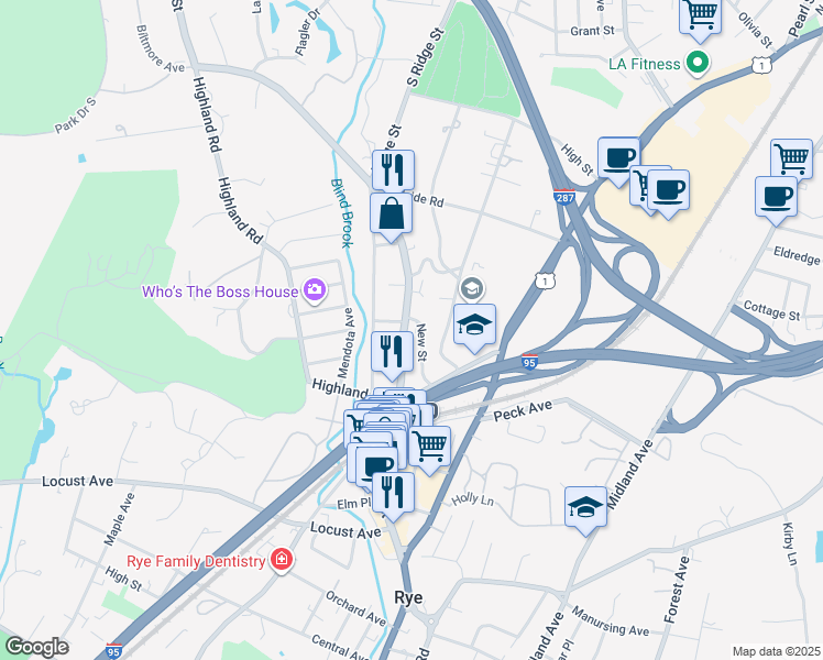 map of restaurants, bars, coffee shops, grocery stores, and more near 184 Purchase Street in Rye