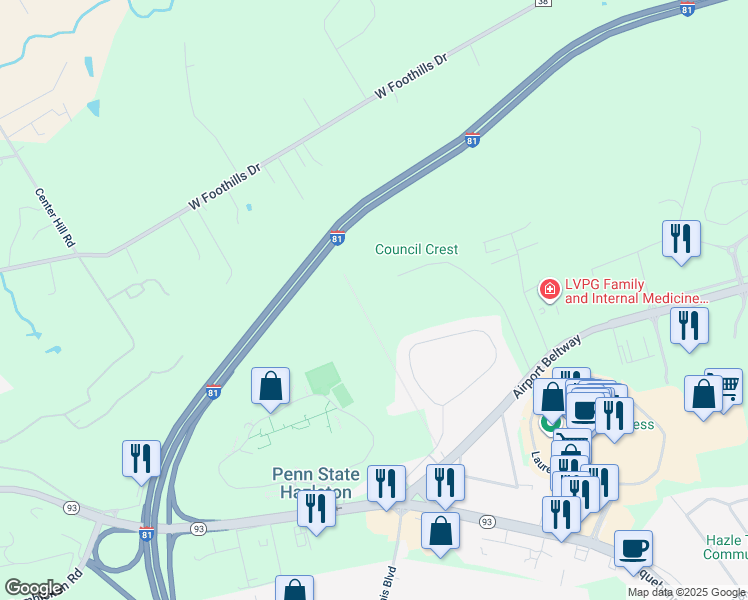 map of restaurants, bars, coffee shops, grocery stores, and more near Council Crest Lane in Luzerne County