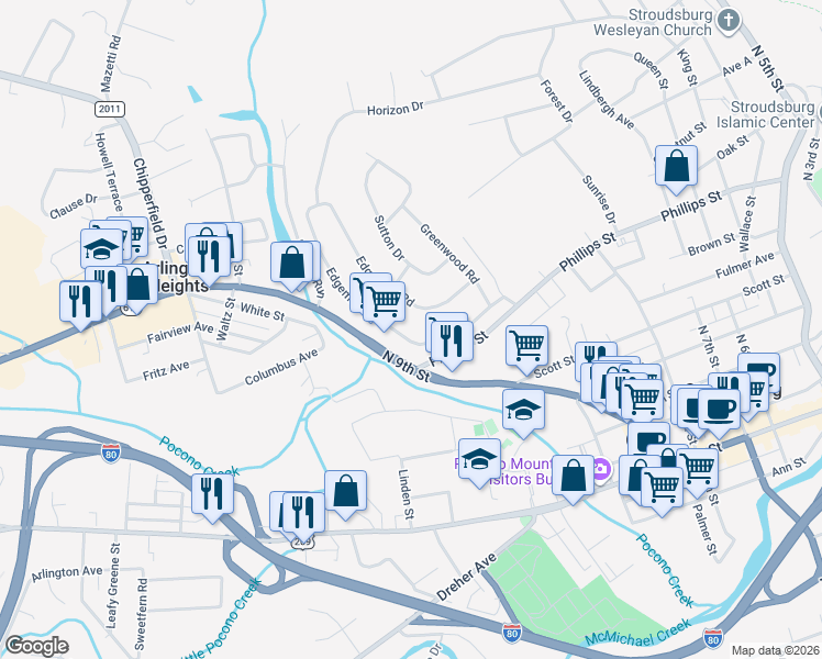 map of restaurants, bars, coffee shops, grocery stores, and more near 241 Edgemont Road in Stroudsburg