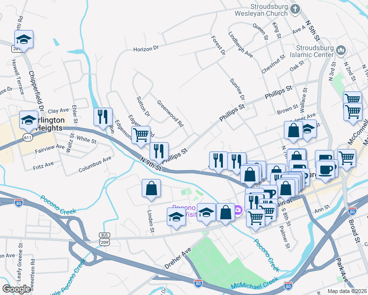 map of restaurants, bars, coffee shops, grocery stores, and more near 1050 Northgate Rd in Stroudsburg