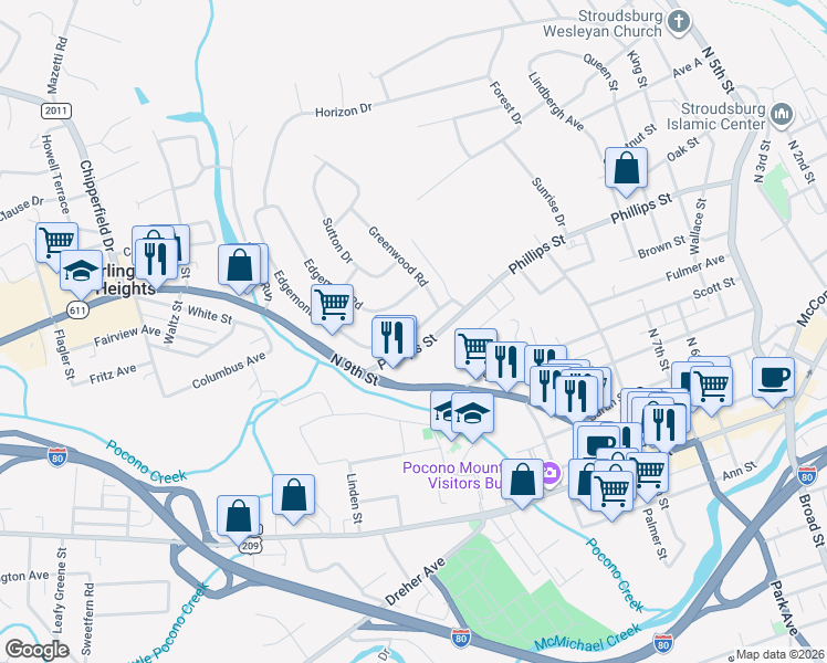 map of restaurants, bars, coffee shops, grocery stores, and more near Northgate Road in Stroudsburg