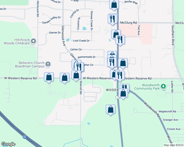 map of restaurants, bars, coffee shops, grocery stores, and more near 160 West Western Reserve Road in Youngstown