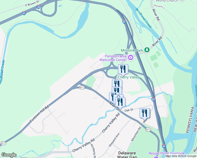 map of restaurants, bars, coffee shops, grocery stores, and more near 307 Watergap Village in Delaware Water Gap