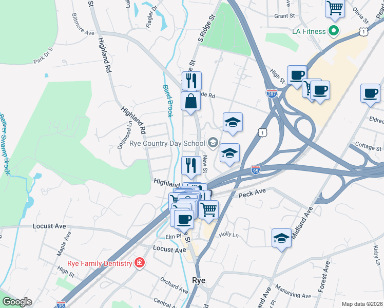 map of restaurants, bars, coffee shops, grocery stores, and more near 70 Wappanocca Avenue in Rye