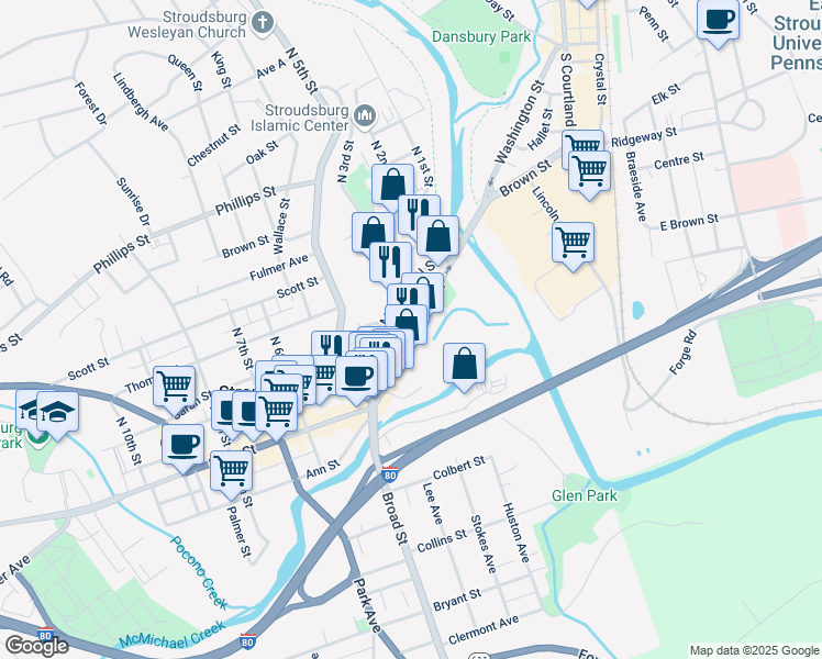 map of restaurants, bars, coffee shops, grocery stores, and more near 308 Main Street in Stroudsburg