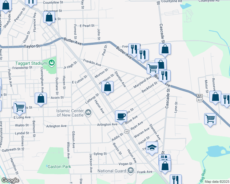 map of restaurants, bars, coffee shops, grocery stores, and more near 927 Winslow Avenue in New Castle