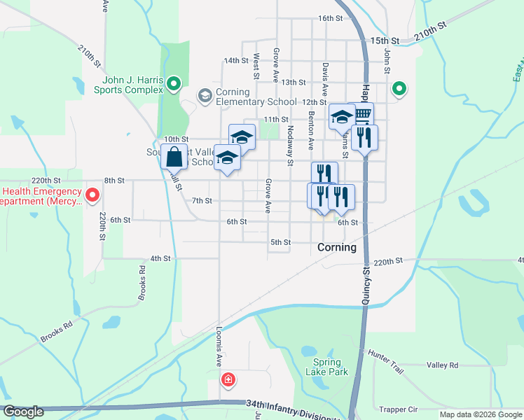 map of restaurants, bars, coffee shops, grocery stores, and more near 801-899 7th Street in Corning