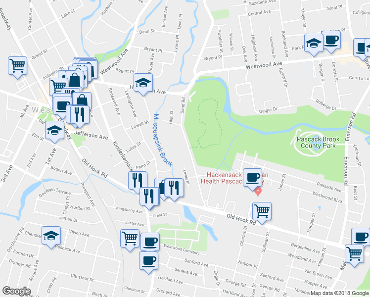 map of restaurants, bars, coffee shops, grocery stores, and more near 106 Sand Road in Westwood