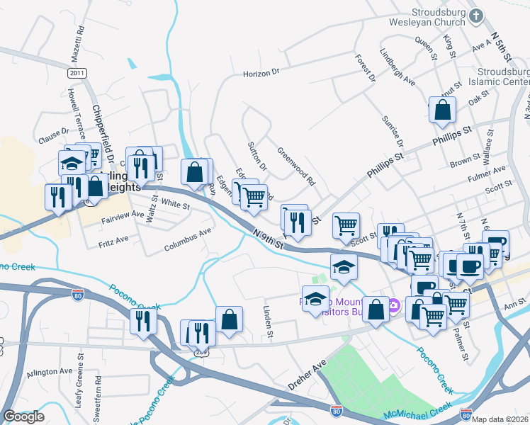 map of restaurants, bars, coffee shops, grocery stores, and more near 241 Edgemont Road in Stroudsburg