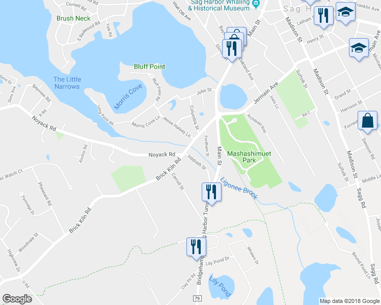 map of restaurants, bars, coffee shops, grocery stores, and more near 7 Hildreth Street in Sag Harbor