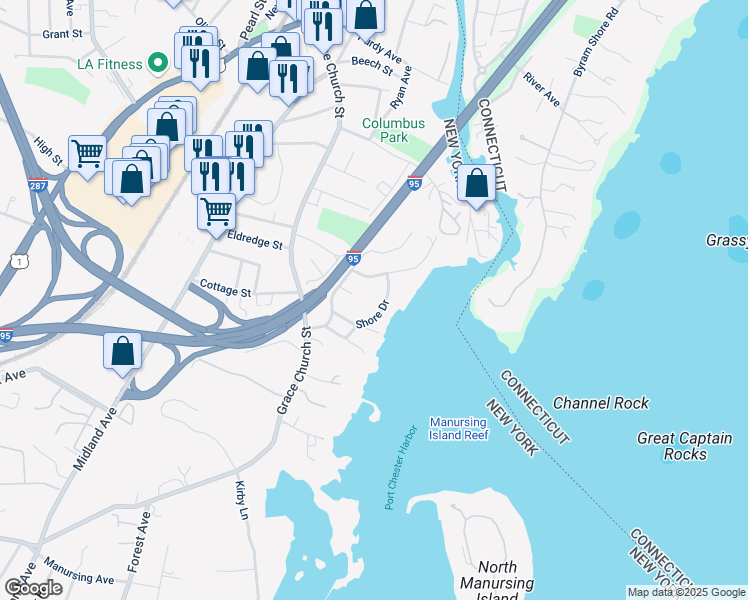 map of restaurants, bars, coffee shops, grocery stores, and more near 11 Harbor Drive in Port Chester