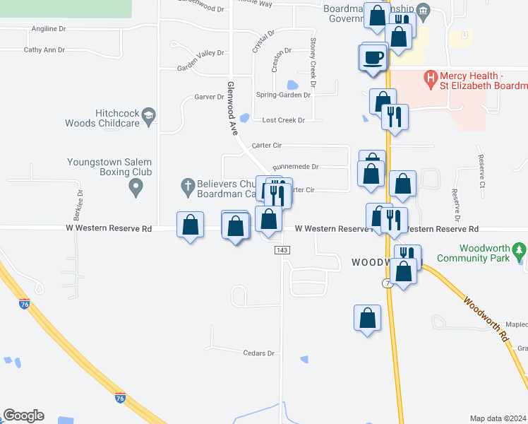 map of restaurants, bars, coffee shops, grocery stores, and more near 1030 West Western Reserve Road in Youngstown