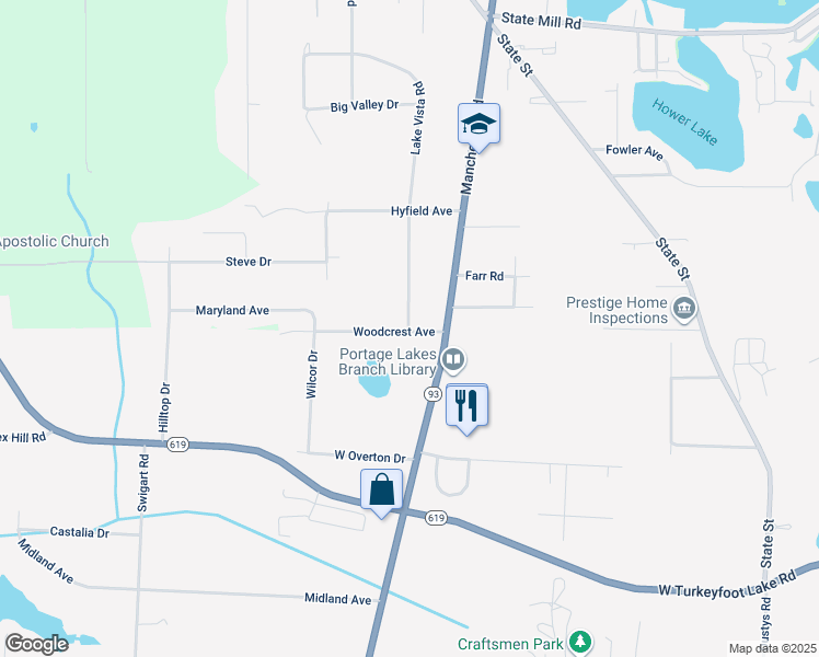 map of restaurants, bars, coffee shops, grocery stores, and more near 4216 Lake Vista Road in Akron