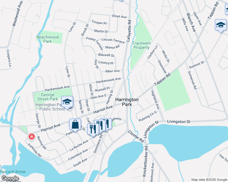 map of restaurants, bars, coffee shops, grocery stores, and more near 63 Herring Street in Harrington Park
