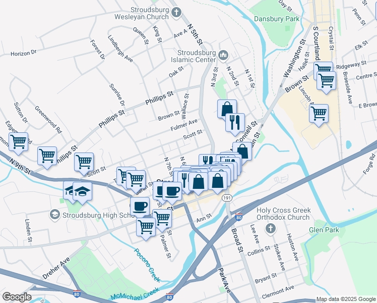 map of restaurants, bars, coffee shops, grocery stores, and more near 528 Thomas Street in Stroudsburg
