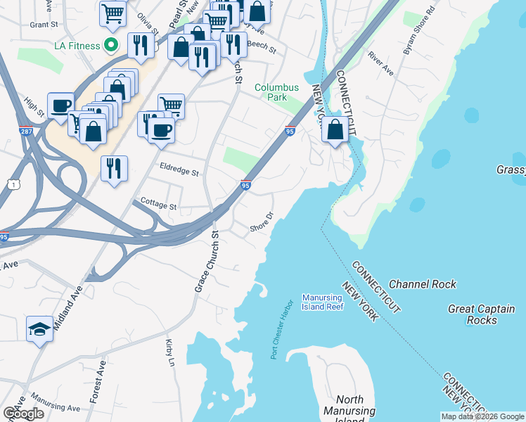 map of restaurants, bars, coffee shops, grocery stores, and more near 11 Harbor Drive in Port Chester