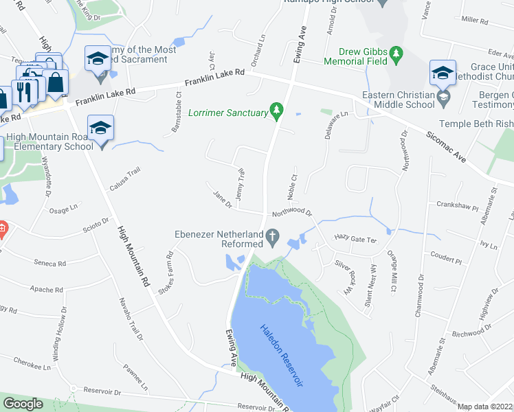 map of restaurants, bars, coffee shops, grocery stores, and more near 701 Jane Drive in Franklin Lakes