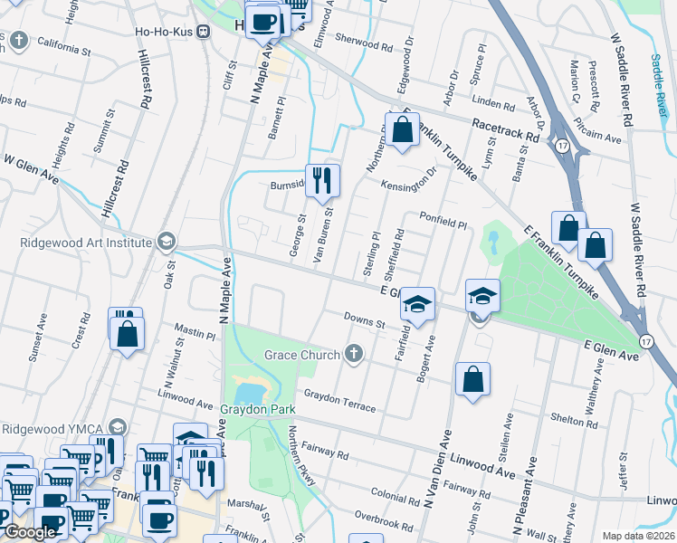 map of restaurants, bars, coffee shops, grocery stores, and more near 283 East Glen Avenue in Ridgewood