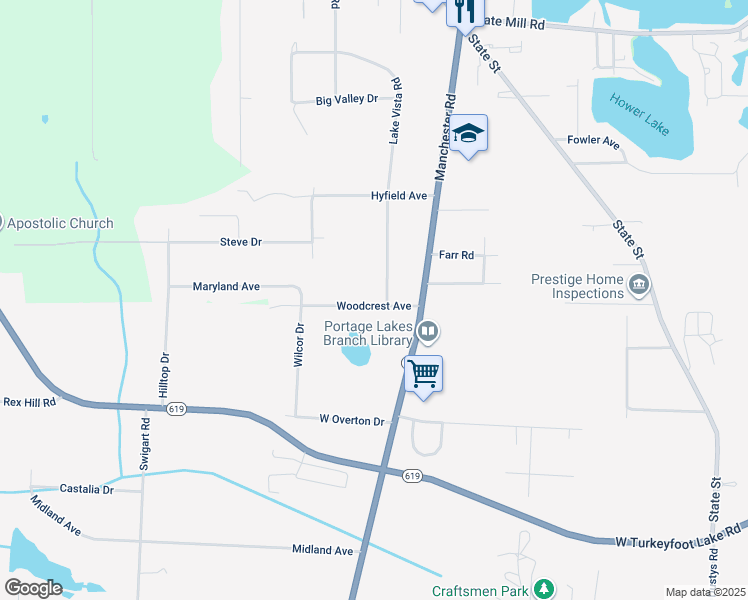 map of restaurants, bars, coffee shops, grocery stores, and more near 4216 Lake Vista Road in Akron