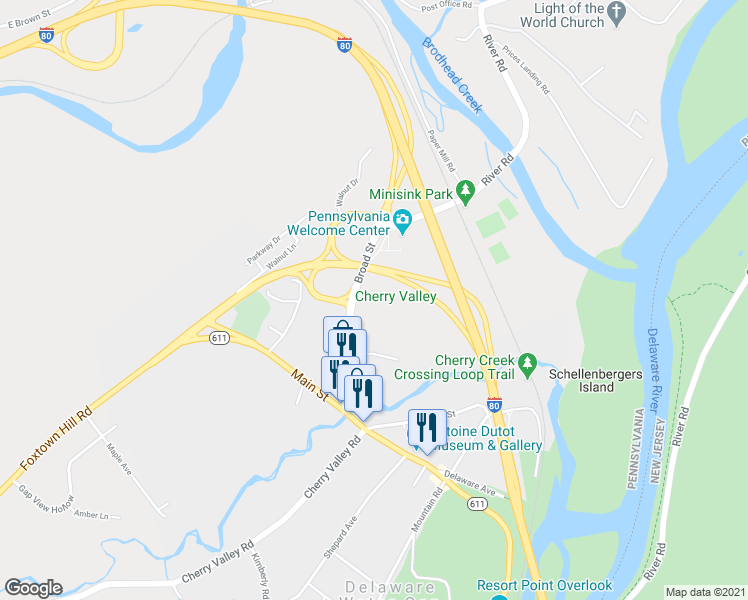 map of restaurants, bars, coffee shops, grocery stores, and more near 101 Broad Street in Stroudsburg