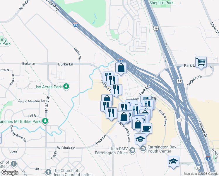 map of restaurants, bars, coffee shops, grocery stores, and more near 504 Station Parkway in Farmington