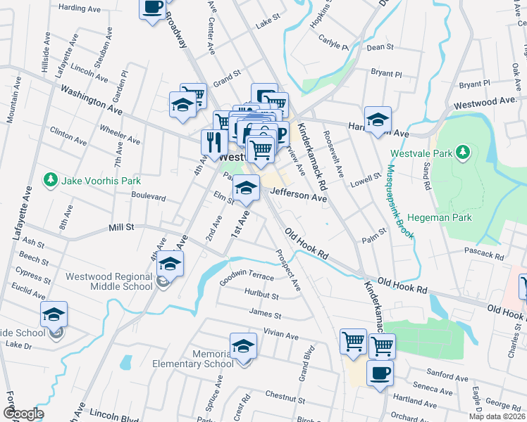 map of restaurants, bars, coffee shops, grocery stores, and more near 21-35 Jefferson Avenue in Westwood