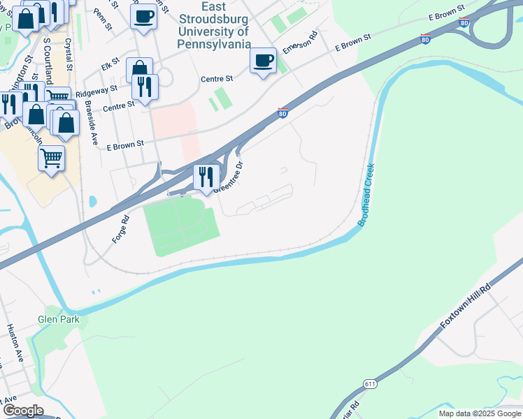 map of restaurants, bars, coffee shops, grocery stores, and more near 45 Parish Park in East Stroudsburg