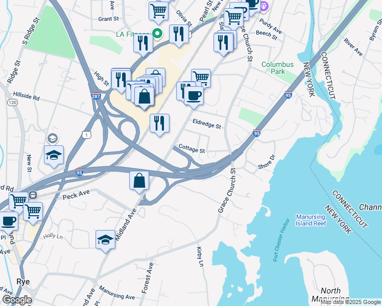 map of restaurants, bars, coffee shops, grocery stores, and more near 48 Cottage Street in Port Chester