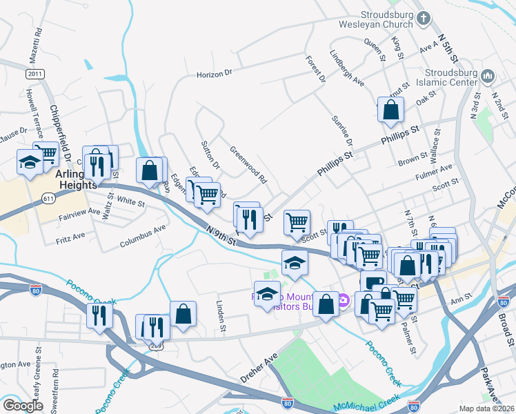 map of restaurants, bars, coffee shops, grocery stores, and more near 223 Edgemont Road in Stroudsburg