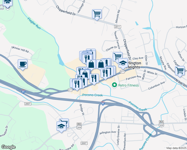 map of restaurants, bars, coffee shops, grocery stores, and more near 344 Stroud Mall in Stroudsburg