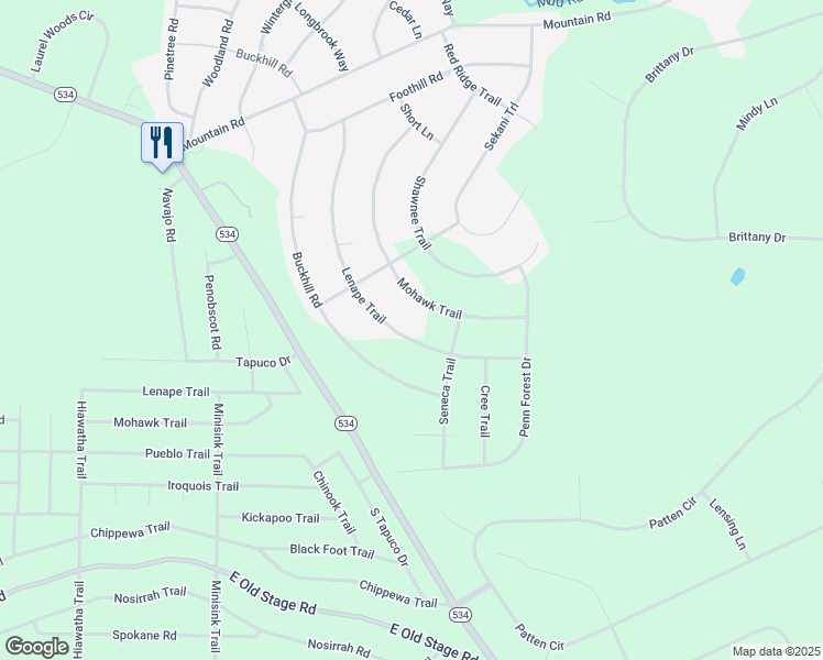 map of restaurants, bars, coffee shops, grocery stores, and more near 52 Lenape Trail in Albrightsville