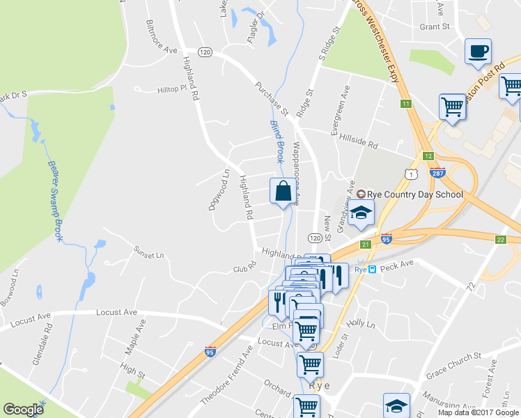 map of restaurants, bars, coffee shops, grocery stores, and more near 2 Onondaga Street in Rye