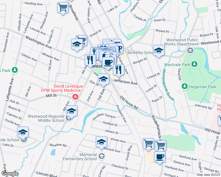 map of restaurants, bars, coffee shops, grocery stores, and more near 16 Elm Street in Westwood