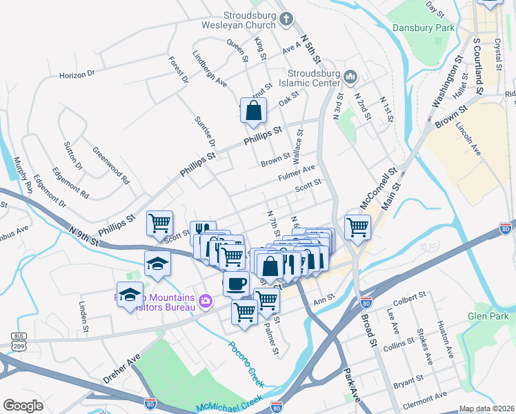 map of restaurants, bars, coffee shops, grocery stores, and more near 711 Scott Street in Stroudsburg