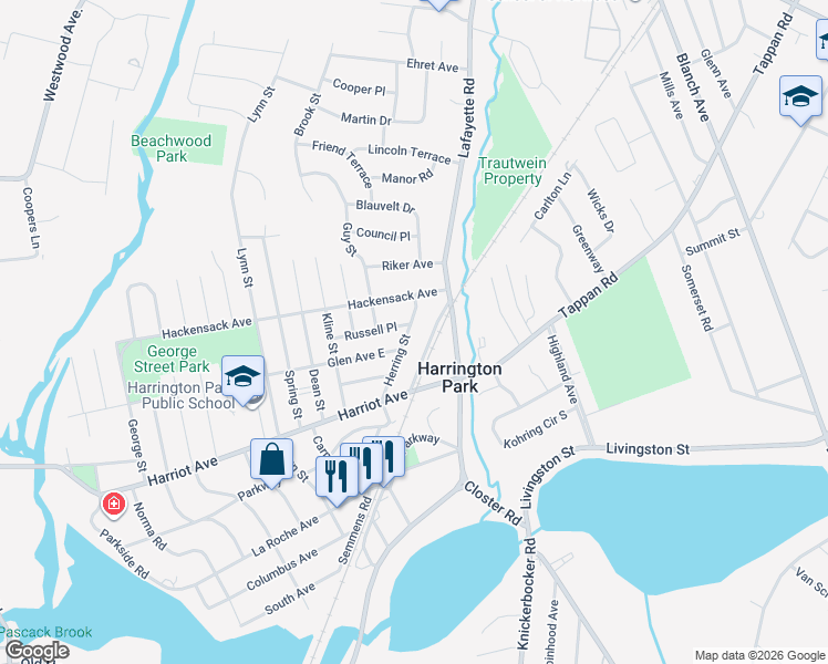 map of restaurants, bars, coffee shops, grocery stores, and more near 63 Herring Street in Harrington Park