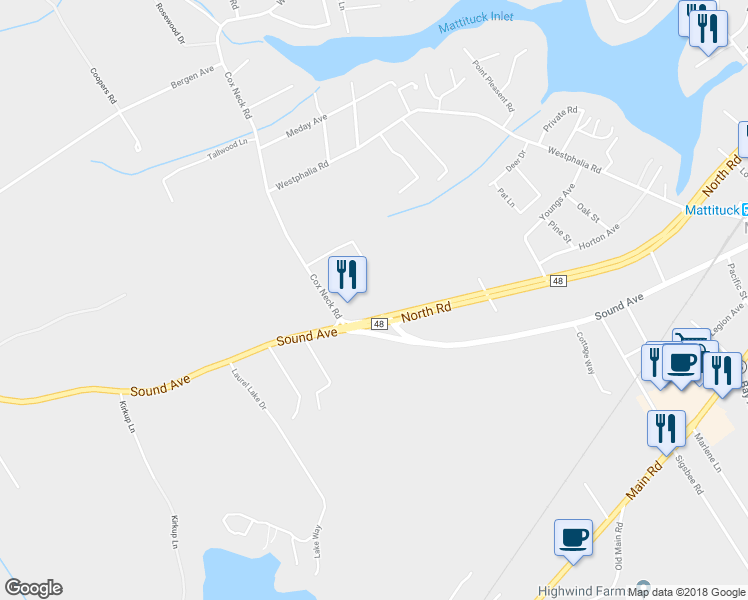 map of restaurants, bars, coffee shops, grocery stores, and more near 305 County Road 48 in Mattituck