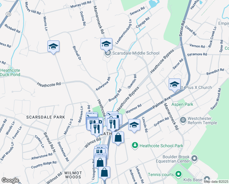 map of restaurants, bars, coffee shops, grocery stores, and more near 35 Brookby Road in Scarsdale