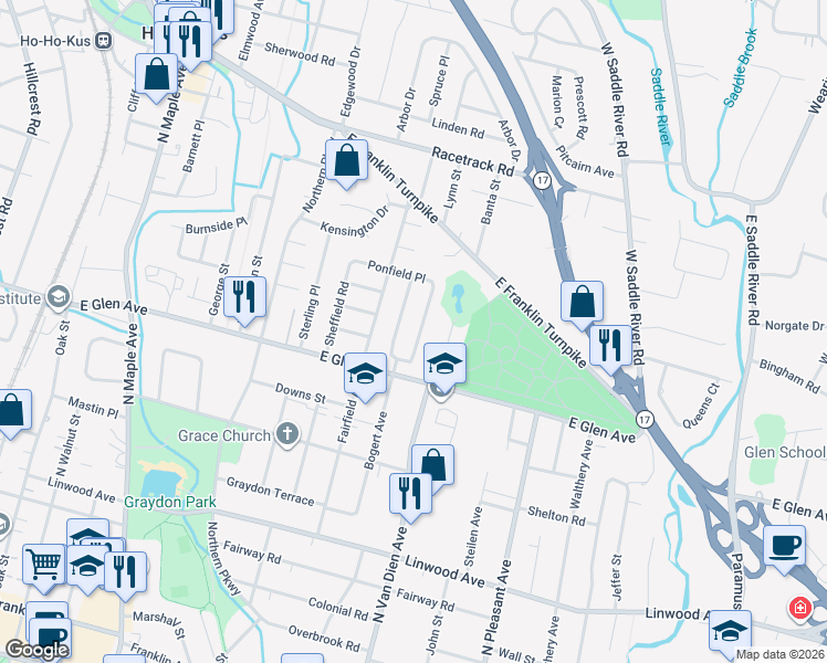 map of restaurants, bars, coffee shops, grocery stores, and more near 439 Bogert Avenue in Ridgewood