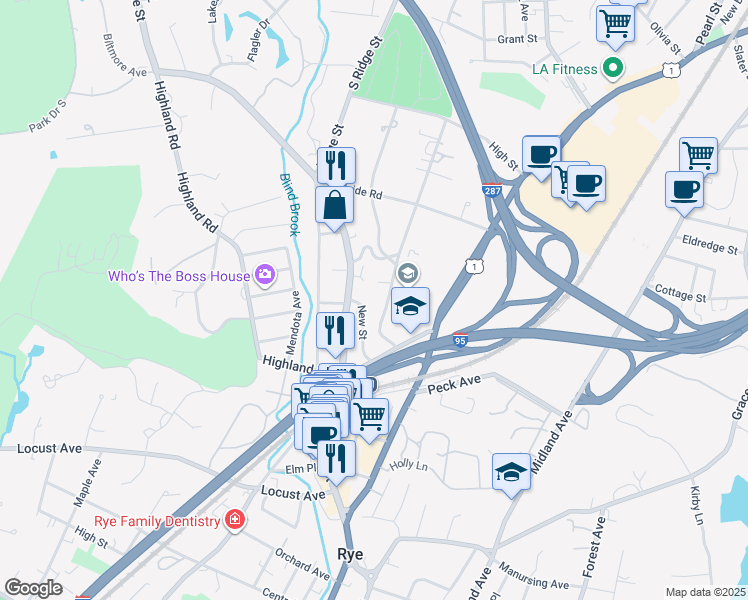 map of restaurants, bars, coffee shops, grocery stores, and more near 11 New Street in Rye