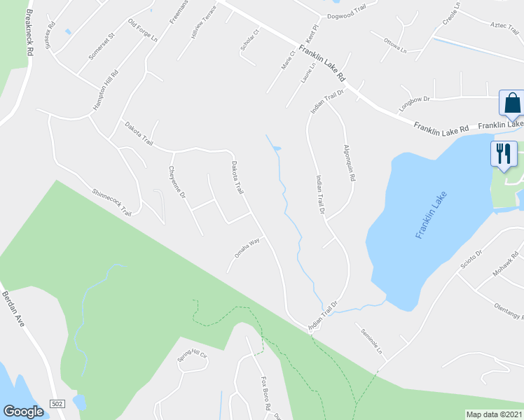 map of restaurants, bars, coffee shops, grocery stores, and more near 673 Dakota Trail in Franklin Lakes