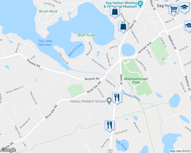 map of restaurants, bars, coffee shops, grocery stores, and more near 4623 Noyack Road in Sag Harbor