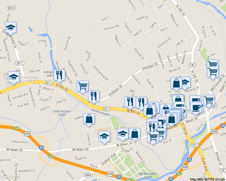 map of restaurants, bars, coffee shops, grocery stores, and more near 1050 Northgate Rd in Stroudsburg