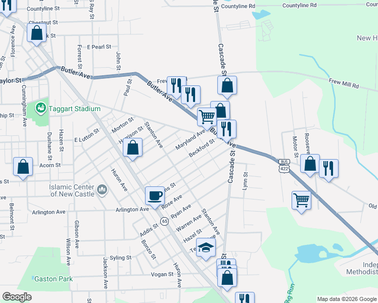 map of restaurants, bars, coffee shops, grocery stores, and more near 1018 Maryland Avenue in New Castle