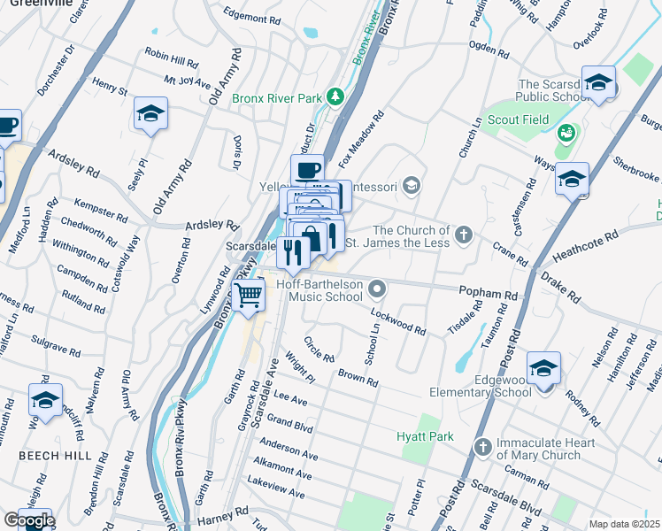map of restaurants, bars, coffee shops, grocery stores, and more near 49-53 Popham Road in Scarsdale